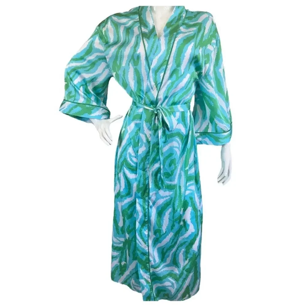 New Diane Von Furstenberg Women's Long Satin Disco Zebra Green Robe XS